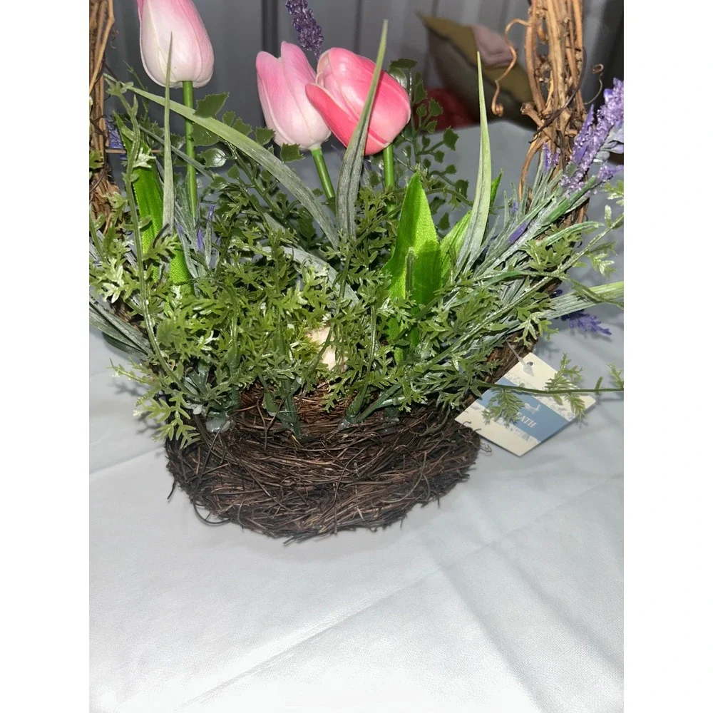 Easter Basket Floral Arrangement Pink‎ Tulips Lavender Nest Grapevine Decor New